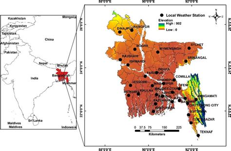 Location of meteorological stations and elevation map of Bangladesh ...