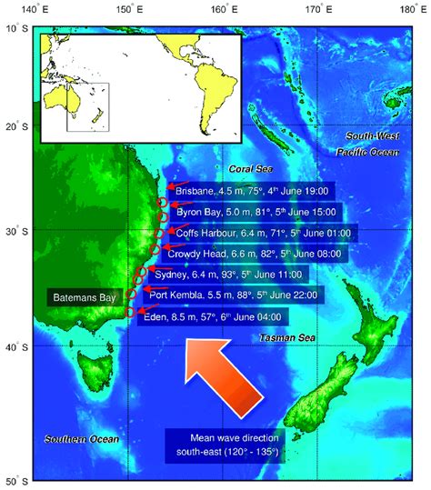 Map of the Tasman and Coral Seas region with locations of waverider... | Download Scientific Diagram