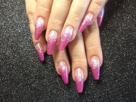 Coffin acrylic nails with pink acrylic and white glitter | Flickr