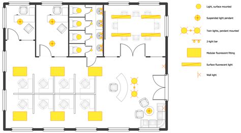 the floor plan for an office with yellow accents