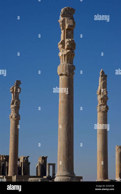 Capital of carved Achaemenid columns at the archaeological site of ...