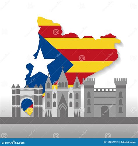 Catalonia Barcelona with Flag Map and Buildings Symbol Set Stock Vector ...