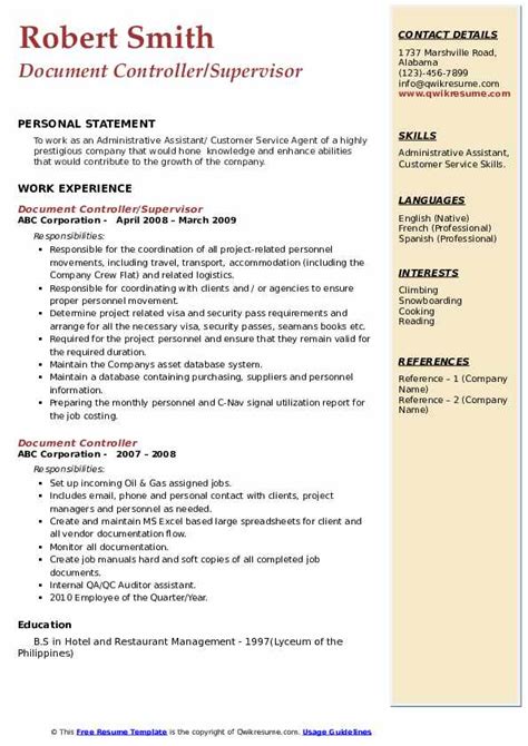 Document Control Resume Sample