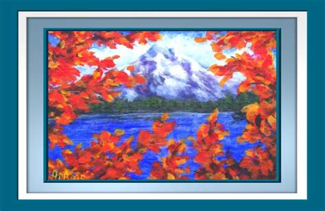 Fall Mountain painting Autumn Leaves Snowy peaks Blue lake