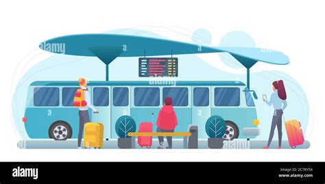 People waiting bus flat vector illustration. Passengers at station ...