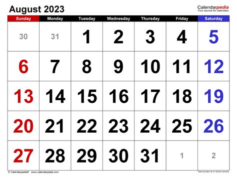 August 2023 Calendar | Templates for Word, Excel and PDF