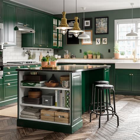 A green and fresh BODBYN kitchen | Green kitchen cabinets, Green kitchen island, Dark green kitchen