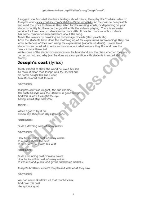 Joseph´s coat song (practising colours) - ESL worksheet by Terri Lawson