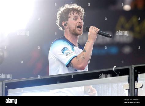 England's Tom Grennan performs at half time during Soccer Aid for ...