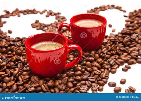 Two Red Espresso Cups With Coffee Beans Stock Photo - Image of bean ...