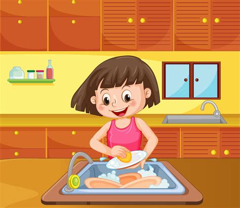 A Girl Cleaning Dish at Kitchen 419535 Vector Art at Vecteezy