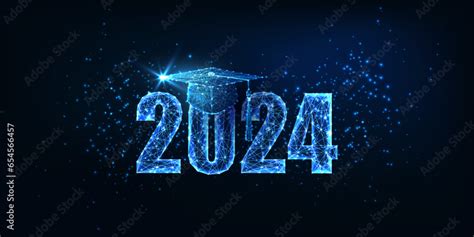 Futuristic graduation 2024 concept banner with glowing low polygonal graduation hat on dark blue ...