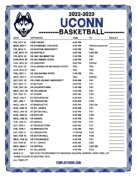 Printable 2022-2023 UConn Huskies Basketball Schedule