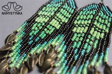 Spring Chandelier beaded earrings Leaf Green long earrings Metal ...