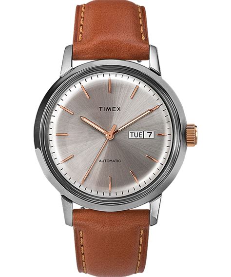 Marlin Automatic 40mm Leather Strap Watch with Day Date - Timex US