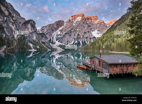 Braies / Prags, Dolomites, South Tyrol, Italy, The Lake Braies / Pragser Wildsee at sunrise ...