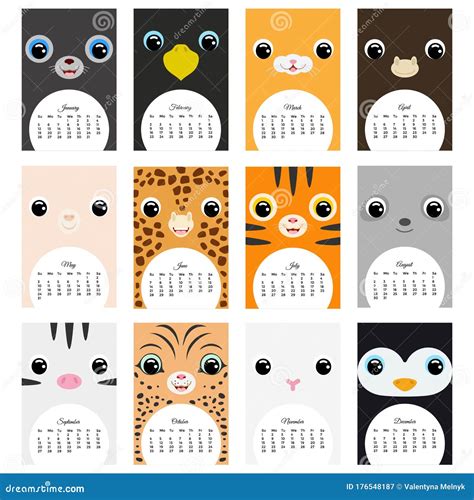 Cute Monthly Calendar 2020 with Animals Stock Illustration ...