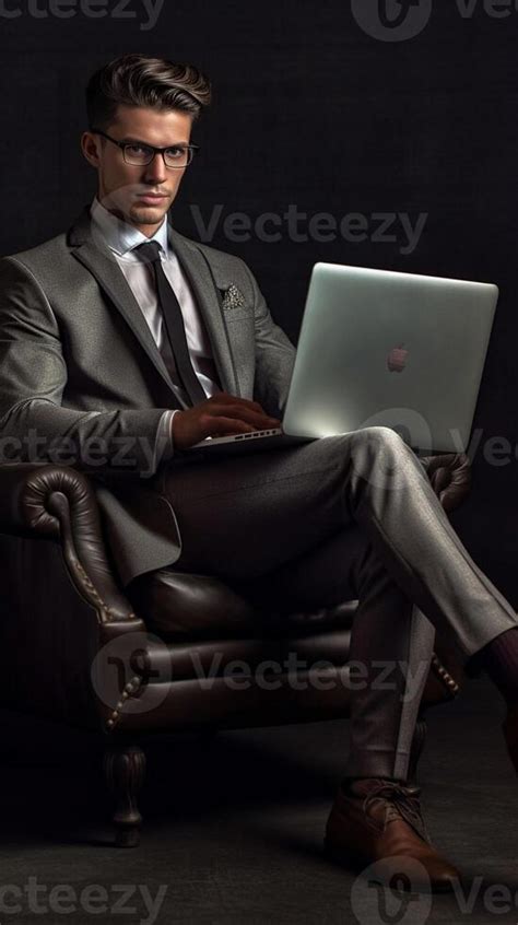 Confident young man in elegant business suit working using laptop while sitting in the office ...