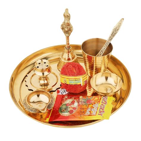 Buy Rolimoli Pure Brass Special Puja Thali Set of 9 Items, for Diwali Poojan/Pooja Room/Diwali ...