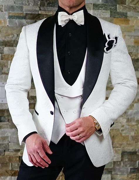 White Floral Men's Suits Groom Wedding Tuxedos Slim Groomsman Prom 3 ...