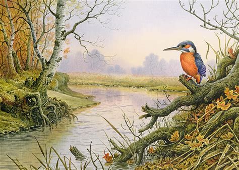 Kingfisher Autumn River Scene Painting by Carl Donner