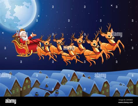 Santa Claus riding his reindeer sleigh flying in the sky Stock Vector ...