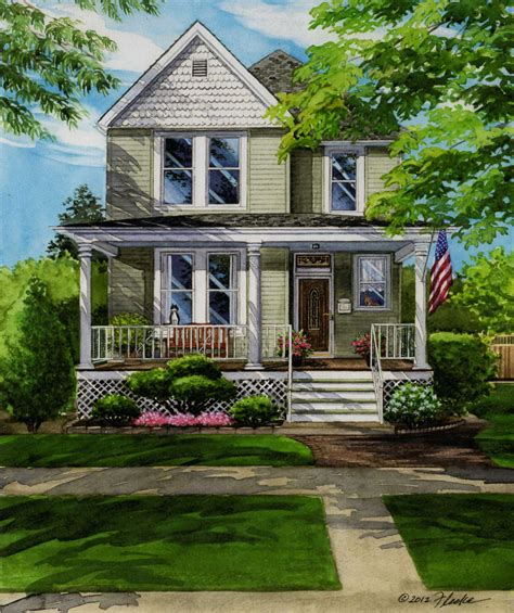 11 x 14 watercolor portrait of two-story frame home in Illinois ...