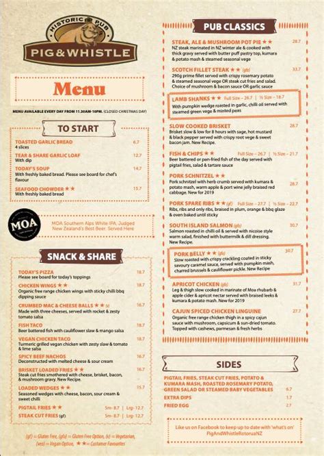 Menu at Pig & Whistle pub & bar, Rotorua