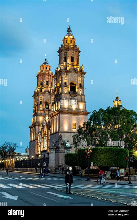 Morelia cathedral at night, Unesco site Morelia, Michoacan, Mexico ...