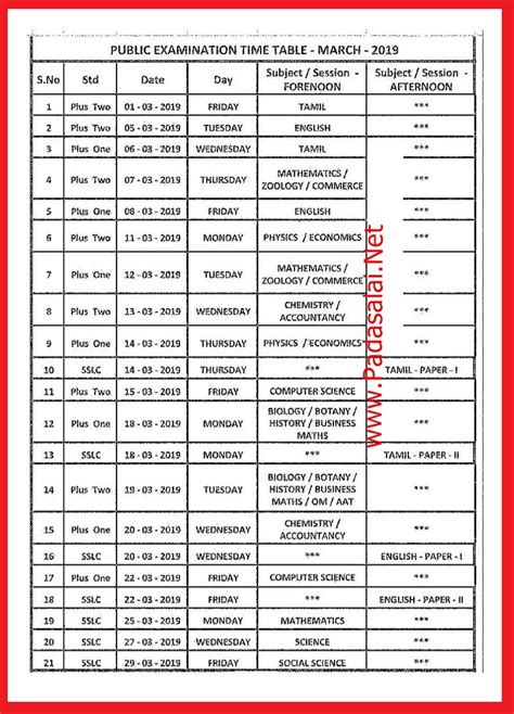 11th Public Exam Time Table 2019 Tamilnadu Schools - Padasalai No.1 Educational Website