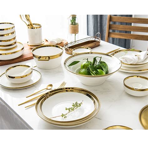 Gold Inlay Solid White Ceramic Plates Food Dishes Dinnerware set white ...