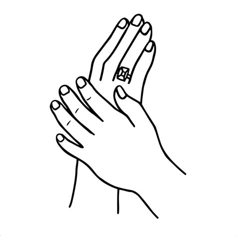 doodle drawing of female hands with a diamond ring on the ring finger. vector sketch of the ...