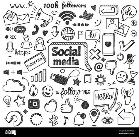 Social media doodles. Hand drawn internet and network sketch symbols. Digital marketing ...