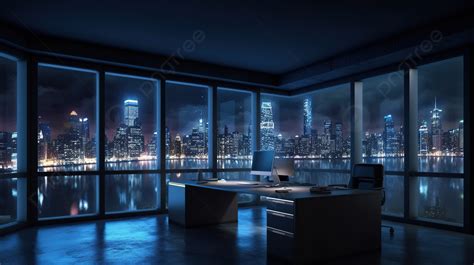 Office With Office View At Night Background, 3d Render, 3d Office With Night City Skyline, Hd ...