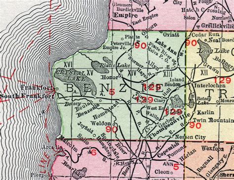 Benzie County, Michigan, 1911, Map, Rand McNally, Frankfort, Beulah ...