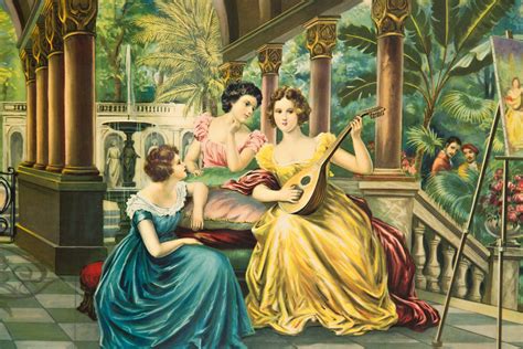Large Vintage Print / Framed Victorian Wall Art of Man Painting Three Women with Banjo ...