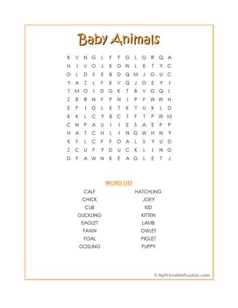 Baby Animals Word Search | My Printable Puzzles