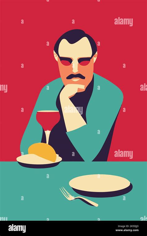 An artsy illustration of a man at a dining table drinking wine against a red background Stock ...