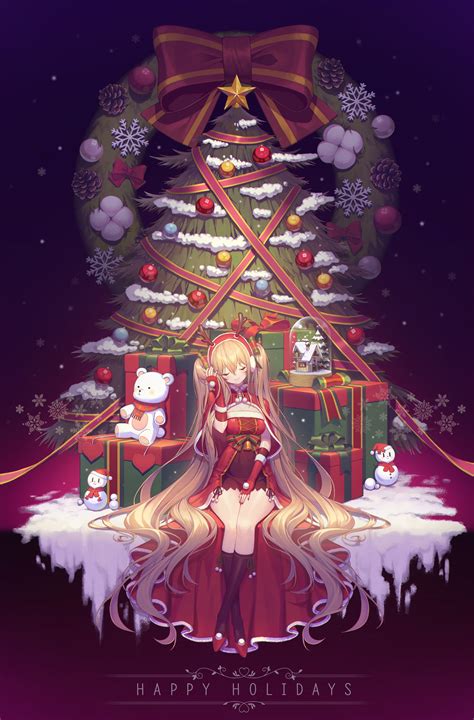 blonde, long hair, anime girls, Santa costume, Christmas tree ...