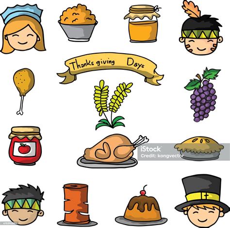 Cartoon Thanksgiving Set On Doodles Stock Illustration - Download Image ...