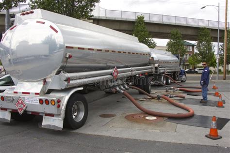 American Truck-tanker Merges Gasoline At A Gas Station Editorial Photo - Image of poured ...