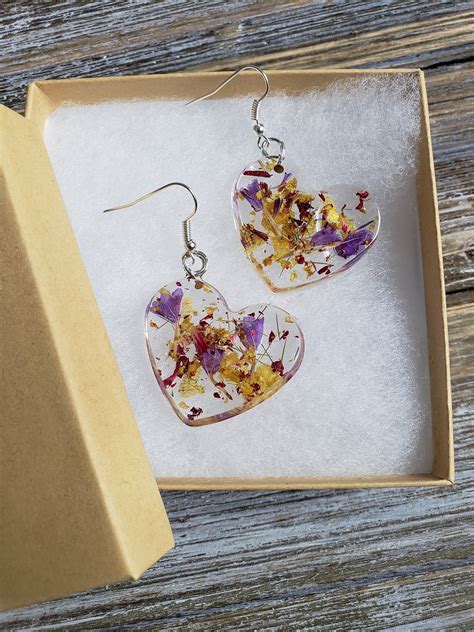 Flower Resin Heart Earrings Handmade Earrings Resin Heart | Etsy in 2021 | Flower resin jewelry ...