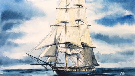 Watercolor Tall Ship in the Ocean Painting Demonstration - YouTube