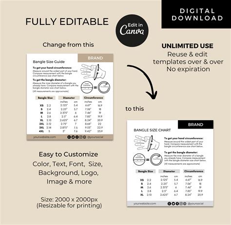 Editable Bangle Size Chart Template Canva, Printable Bracelet Size Guide, Jewelry Length ...