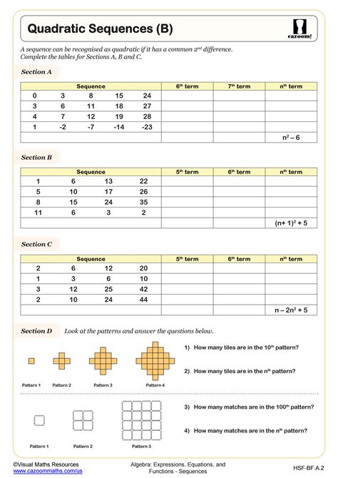 Quadratic Sequences (B) Worksheet | Algebra II PDF Worksheets