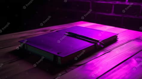 Premium Photo | Black paper notebook on purple neon wooden planks