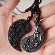 Buddha Stones Black Obsidian Yin Yang Dragon Phoenix Luck Necklace Pen – buddhastoneshop