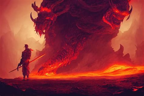 Premium Photo | Knight with a sword facing the lava demon in hell ...