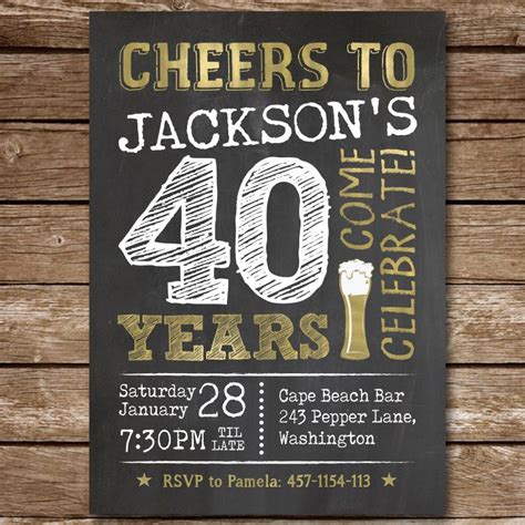 40th Birthday Invitation for Man, Cheers to 40 Years Invite, Chalkboard Party Invite, Digital ...