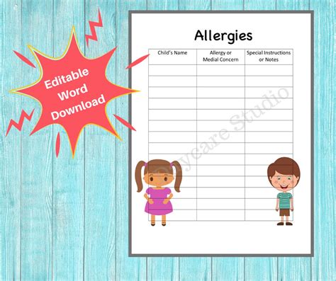 DAYCARE ALLERGY LIST/ Childcare Center Printable Child Allergy - Etsy Israel